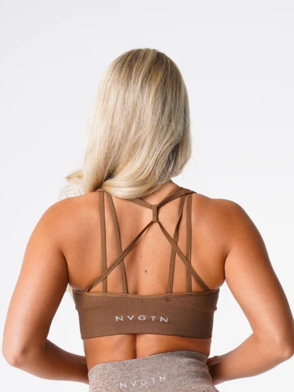 NVGTN Women's Strappy Back Sports Bra in Brown
